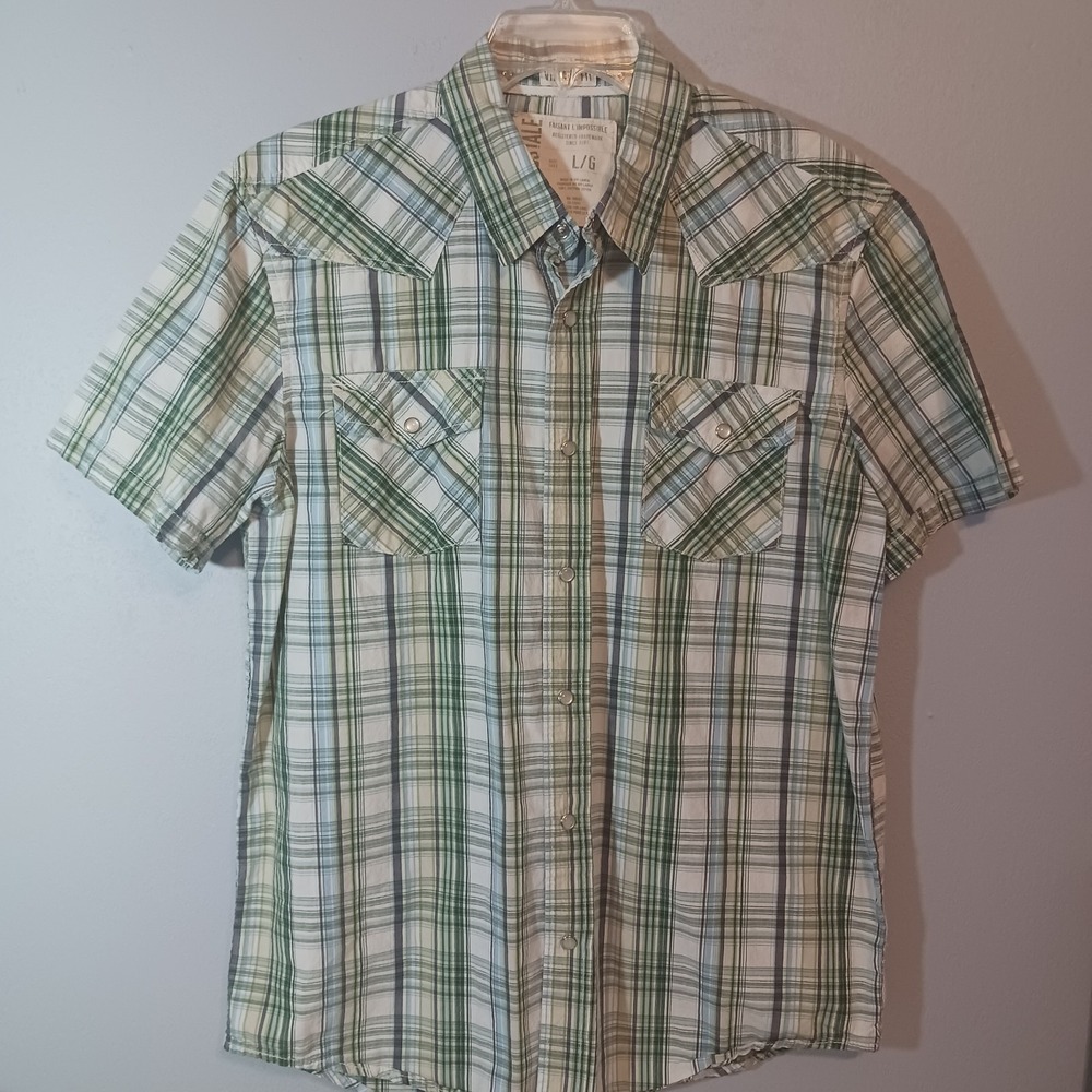 Aéropostale Pearl Snap Men's L Vintage Fit Plaid  Shirt Pockets Green Blue